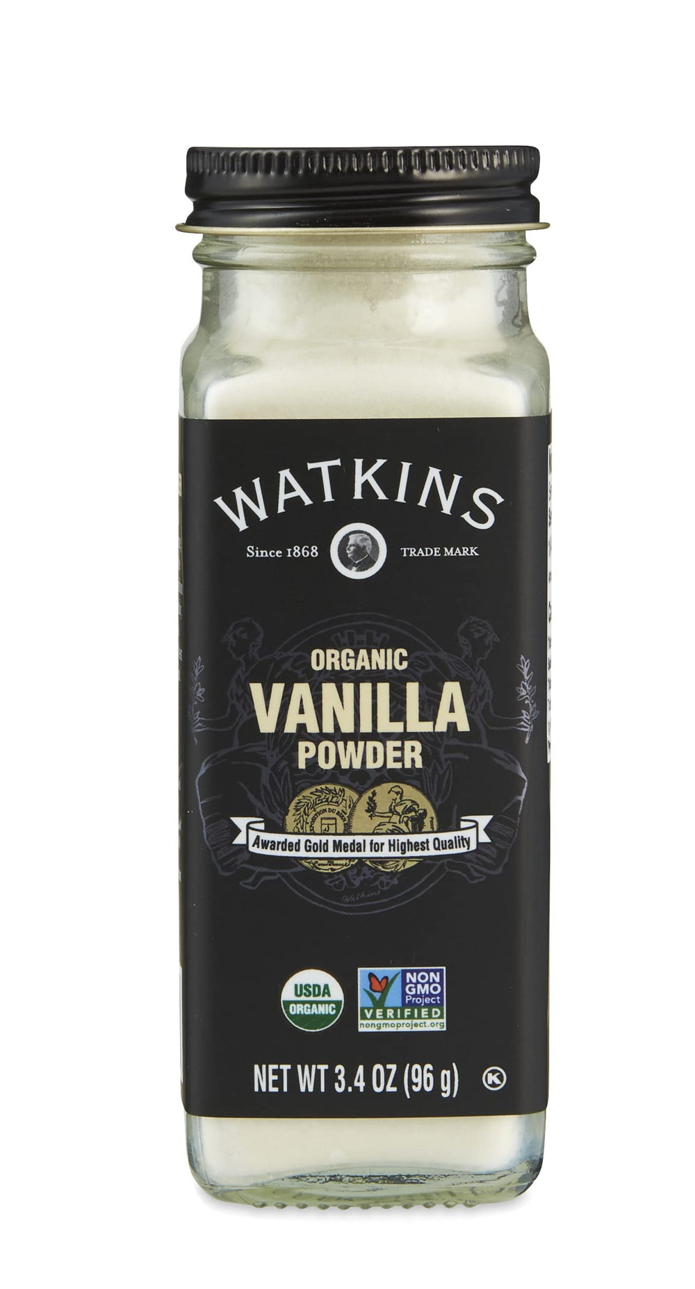 Watkins Organic Vanilla Powder jar front showing premium vanilla for gourmet baking