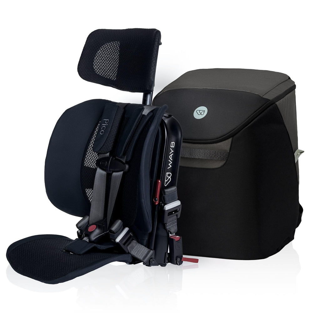 WAYB Pico travel car seat folded for compact airport storage and easy transport.