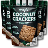 Wayfz roasted coconut crackers in golden bag, gluten-free snack option.