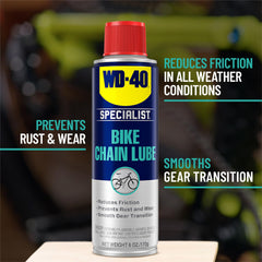Close-up of WD-40 BIKE label highlighting corrosion inhibitors.