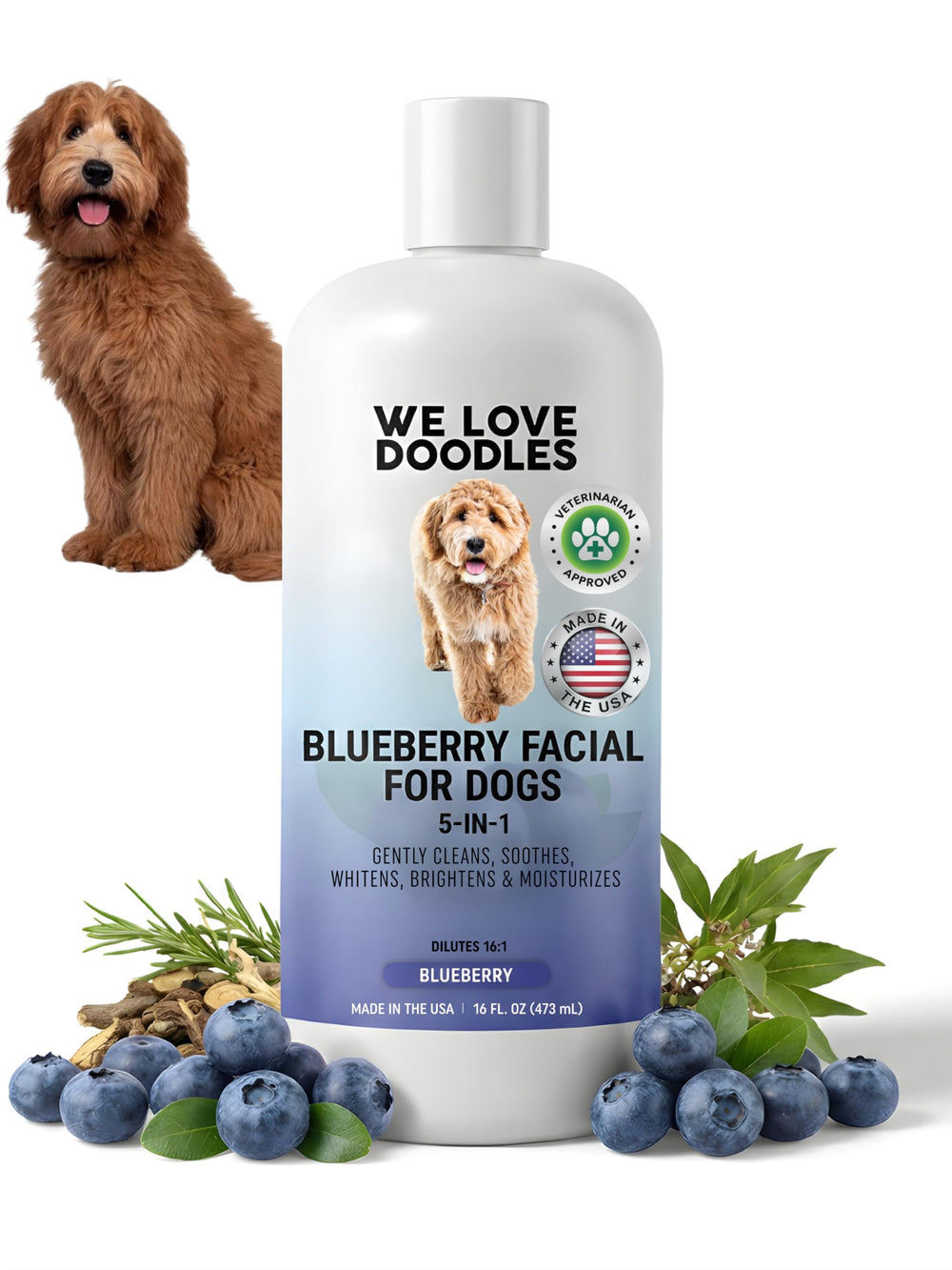 We Love Doodles Blueberry Facial Dog Shampoo bottle front for tear-free cleansing.