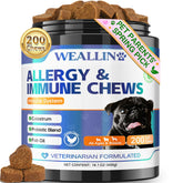 WEALLIN Dog Allergy Relief Chews bottle showing daily probiotic and omega-3 support for skin health.