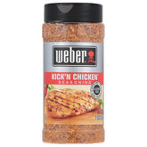 Weber Kick'N Chicken Seasoning bottle close-up highlighting citrus notes for grilling