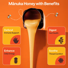 Wedderspoon Manuka honey in tea-stir image suggests natural sweetness for beverages.