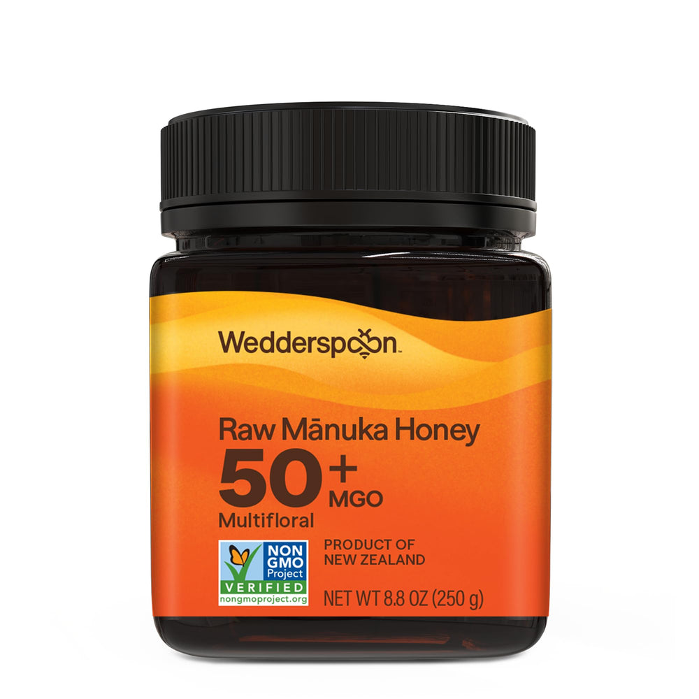 Wedderspoon raw Manuka honey 50+ MGO in a jar, smooth and versatile in daily use.