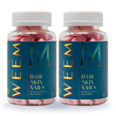 WEEM gummies bottle front showing vegan biotin support for hair, nails, and skin.