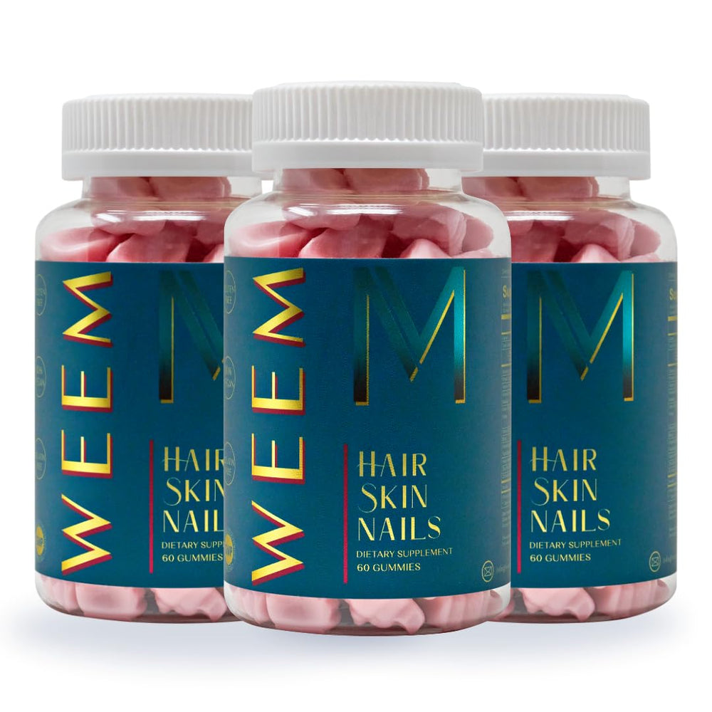 WEEM Hair Skin and Nails Gummies bottle front for vibrant, health-focused daily support.