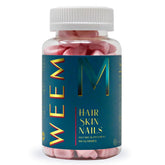 WEEM Hair Skin Nails Gummies bottle showing vegan formula for beauty support.