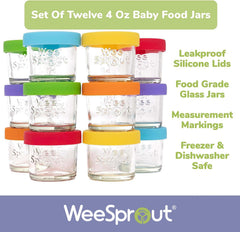 WeeSprout fridge storage scene shows organized meal prep with glass jars.