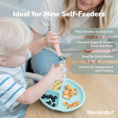 WeeSprout 18/8 stainless steel core mirrors adult flatware for a familiar feel.