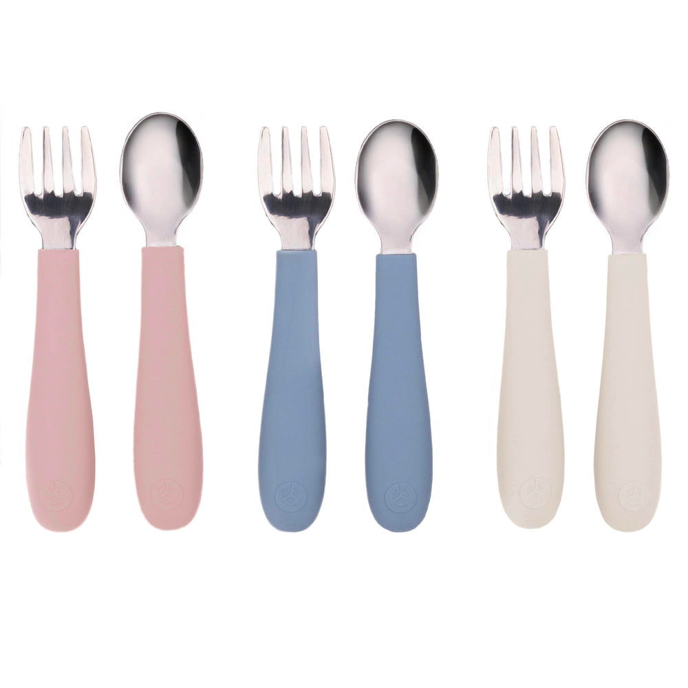WeeSprout toddler utensils set with three forks and three spoons for confident self-feeding.