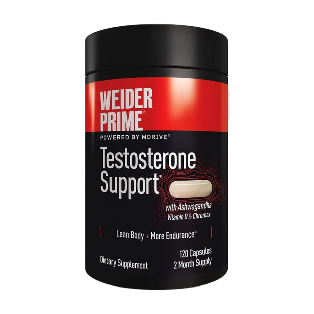 Weider Prime bottle front label highlights gluten-free formula for daily testosterone support.