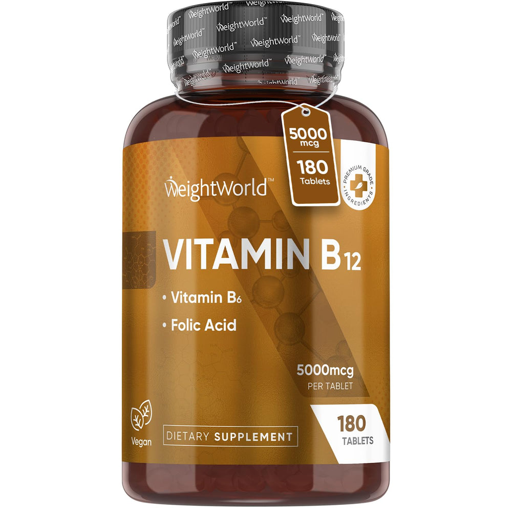 WeightWorld Vegan B12 5000mcg bottle front promoting daily energy support
