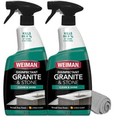 Weiman Granite Daily Clean & Shine bottle pour disinfecting a granite counter