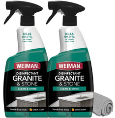 Weiman Granite Daily Clean & Shine bottle pour disinfecting a granite counter