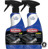 Weiman gas range cleaner bottle restoring a gleaming stovetop surface.