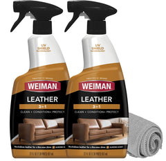 Weiman Leather Cleaner bottle front for easy maintenance of finished leather.