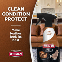 Weiman Leather Cleaner bottle pour demonstrates quick, even application for leather care.