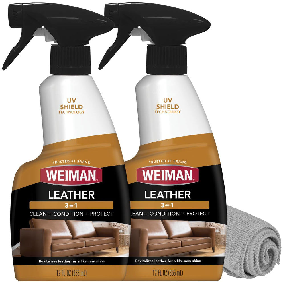 Weiman leather cleaner bottle pour enables easy leather upkeep