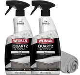 Weiman quartz cleaner bottle pour demonstrates easy countertop application and shine.