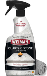 Weiman Quartz Countertop Cleaner bottle with citrus scent suggesting a bright clean finish