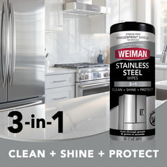 Weiman stainless steel cleaner kit contents for easy no-rinse cleaning and touch-ups.