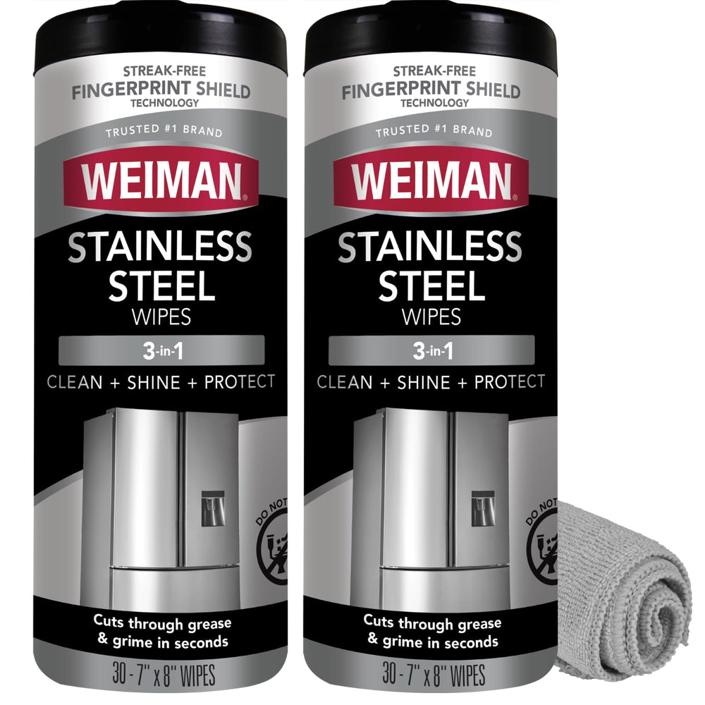 Weiman stainless steel cleaner wipes for appliances remove fingerprints for a streak-free shine.