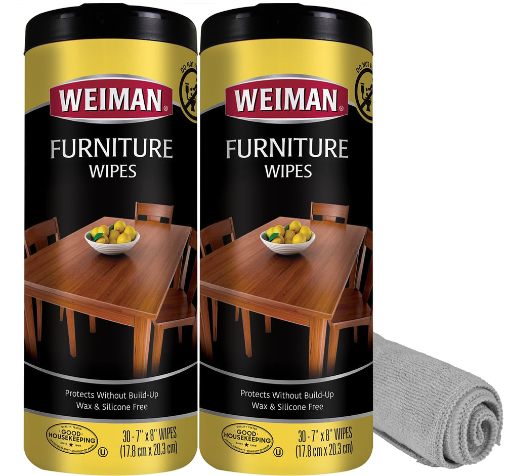 Weiman Wood Cleaner Wipes packaging, ready-to-use kit for quick furniture refresh.