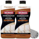Weiman wood floor polish bottle front view highlighting premium finish for high-traffic rooms.