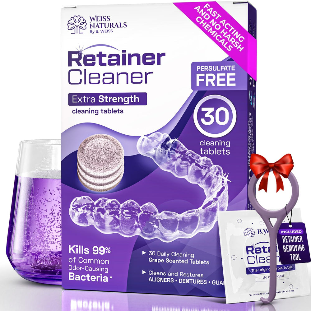Weiss Naturals retainer cleaner tablets in bottle with grape scent for daily cleaning.