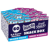 Welch's Fruit Snacks box featuring Mixed Fruit, Berries, and Cherries flavors for on-the-go snacking