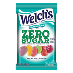 Welch's Zero Sugar Fruity Bites Island Fruits pack front view, gluten-free and sugar-free snacking on the go