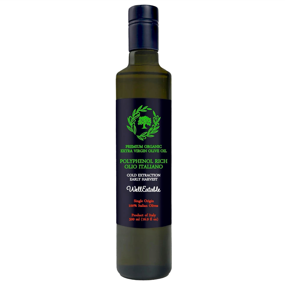 WellEatable high polyphenol olive oil bottle highlights premium polyphenols for vibrant flavor.