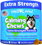 Well Loved Calming Chews for Dogs bottle displaying bacon flavor for gentle relaxation.