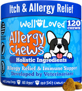 Well Loved dog allergy chews packaging highlights vet-developed formula for itchy skin relief.