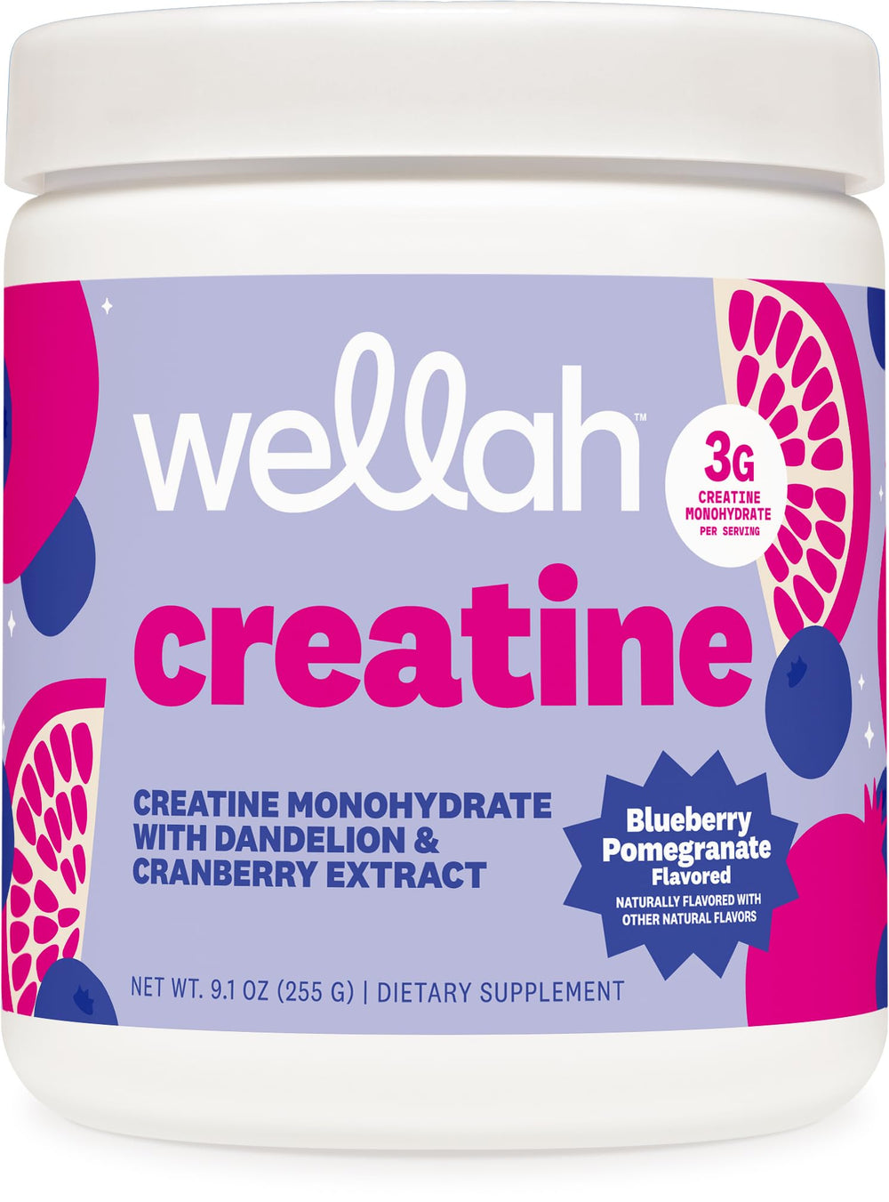 Wellah Creatine for Women bottle in Blueberry Pomegranate, supports workout stamina