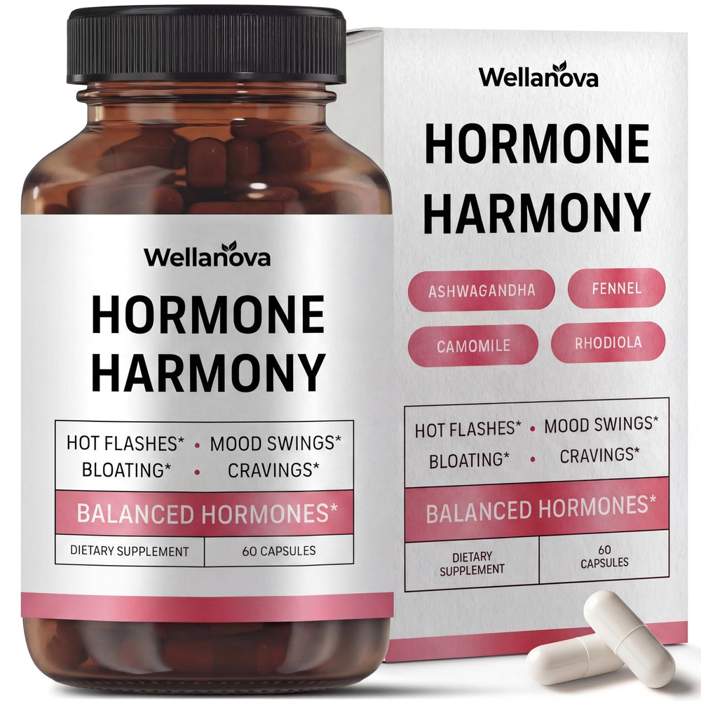 Wellanova Hormone Harmony bottle displayed for daily menopause support and calm energy