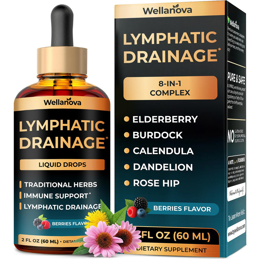 Wellanova Lymphatic Drainage Drops bottle close-up showing a clean herbal formula.