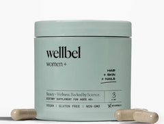 WELLBEL Women+ bottle label highlights vegan, gluten-free formula for hair and skin