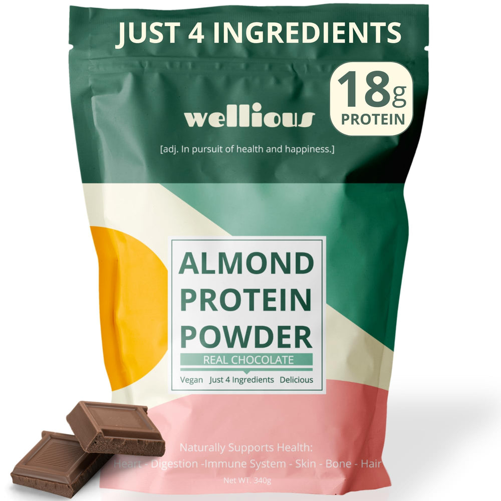 Wellious almond protein powder chocolate scoop for clean energy.