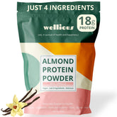 Wellious vanilla almond protein powder packaging highlights clean ingredients
