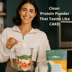 Wellious almond protein powder scoop demonstrates easy measurement for consistent servings