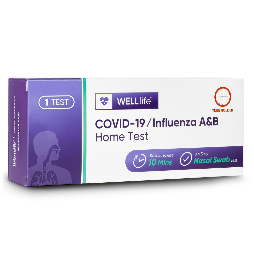 Well Life Covid-19/Flu A&B test kit packaging shown for at-home screening