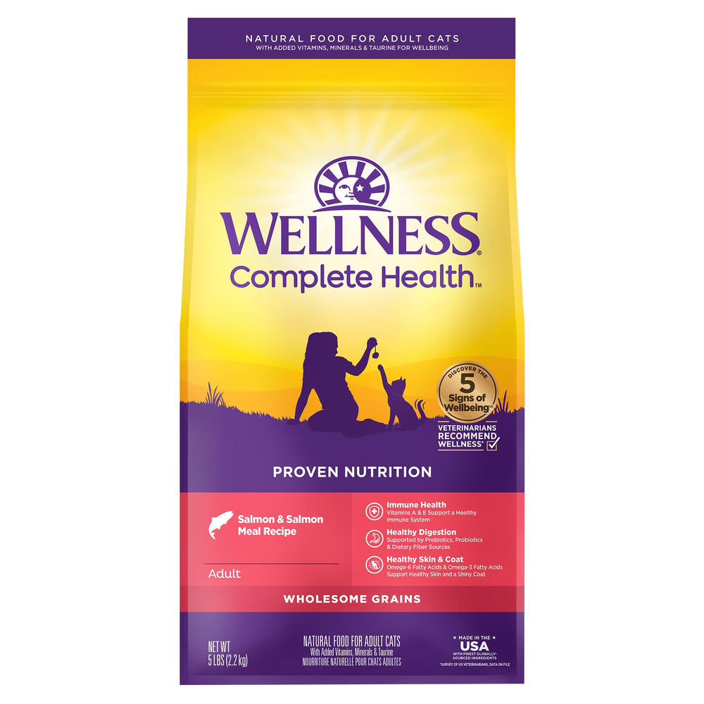Wellness Complete Health cat dry food with salmon first ingredient supports balanced nutrition