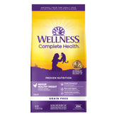Wellness Complete Health indoor weight dry food bag showing grain-free formula for indoor cats