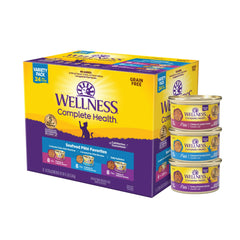 Wellness Complete Health Pate Variety Pack cans provide protein-rich meals for adult cats.