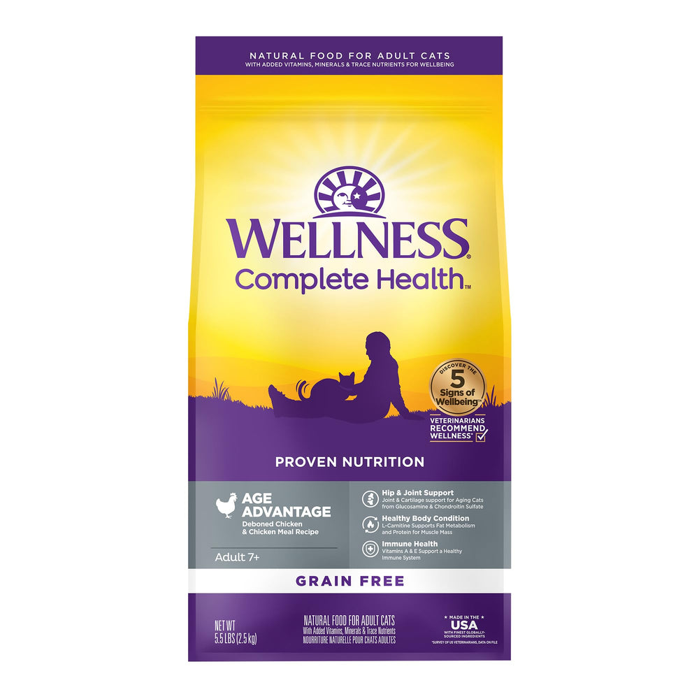 Wellness Complete Health Senior dry cat food chicken bag with grain-free formula for seniors.