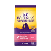 Wellness Complete Health dog food front bag shows salmon and rice for sensitive stomach