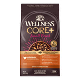 Wellness CORE+ small-breed dry food bag highlighting premium protein for active dogs.