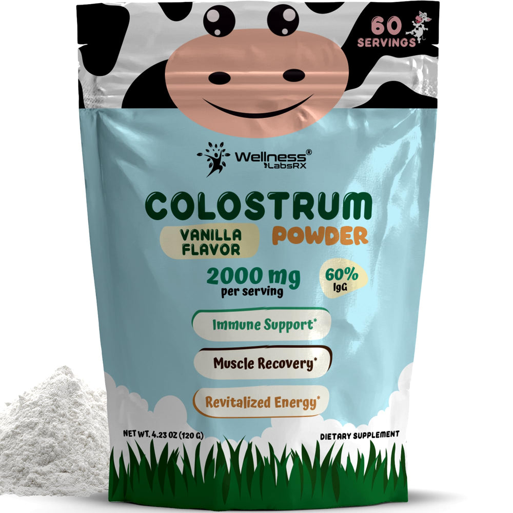 Wellness LabsRx Colostrum Powder Vanilla bottle pour showing serving size and flavor benefits